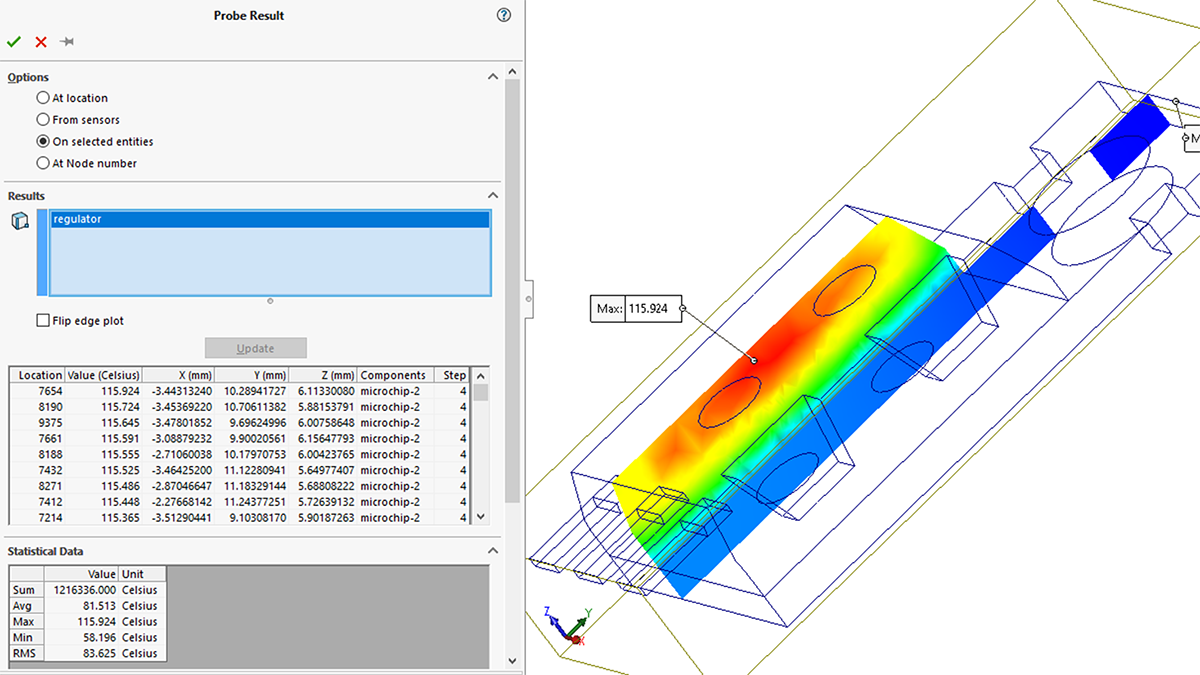 Probe results of a node assembly showing the maximum temperature in SOLIDWORKS Simulation