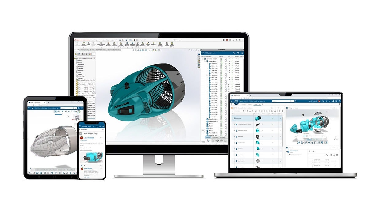 A desktop, laptop, cellphone, and tablet show SOLIDWORKS and 3DEXPERIENCE cloud services.