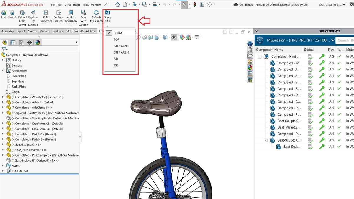 Unicycle design being shared via cloud link in SOLIDWORKS