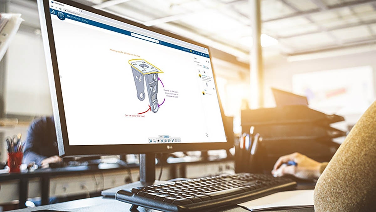A designer is using the markup feature in the 3DEXPERIENCE cloud platform that was included in their SOLIDWORKS subscription.