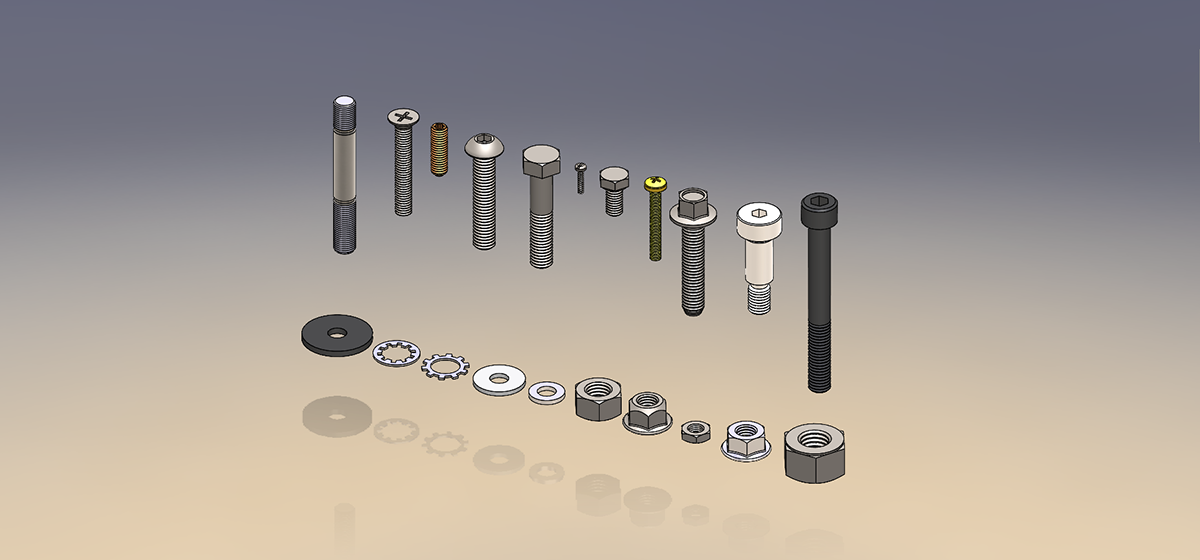 Different shapes and sizes of screws and nuts in SOLIDWORKS