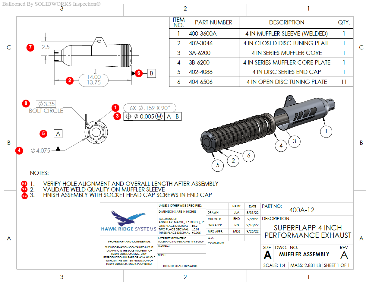 A performance exhaust with parts ballooned in SOLIDWORKS Inspection