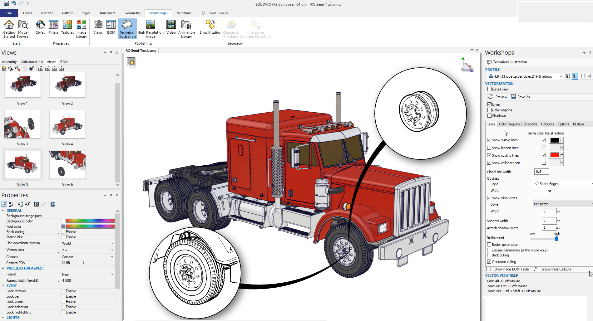 A tractor of a semi-truck with detailed notes in SOLIDWORKS Composer