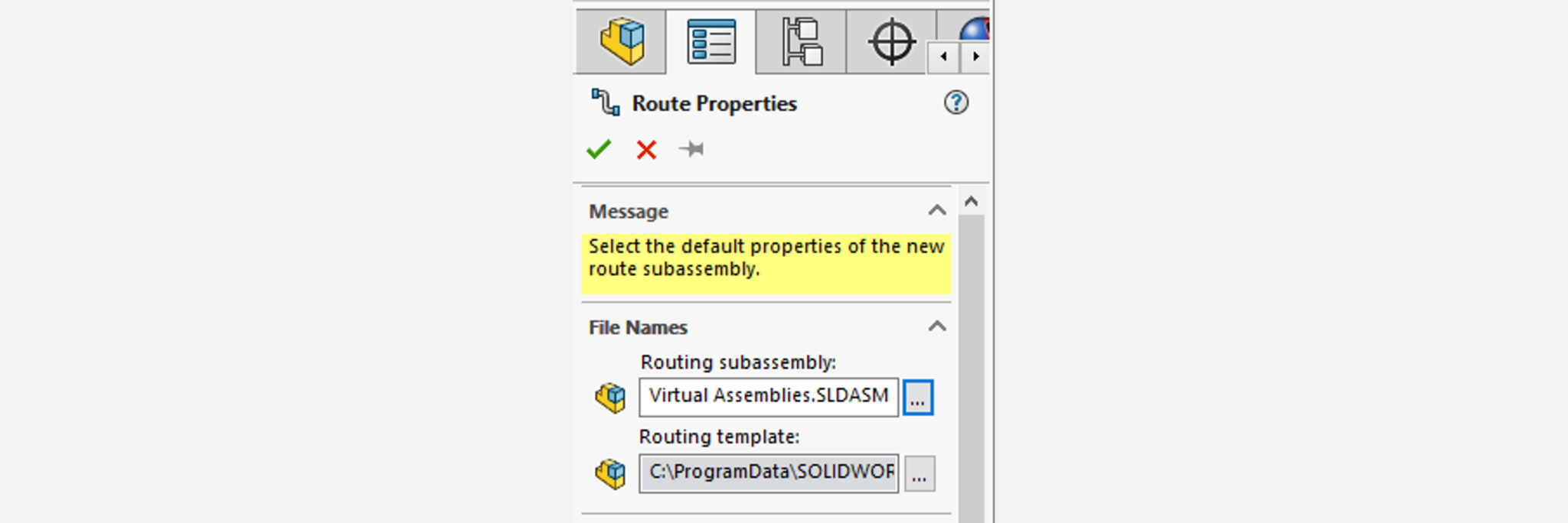 File names section appears in route properties in SOLIDWORKS 