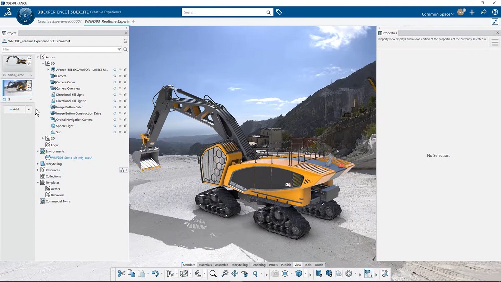 Excavator assembly in interactive rendered environment being set up in 3D Demonstrator role.