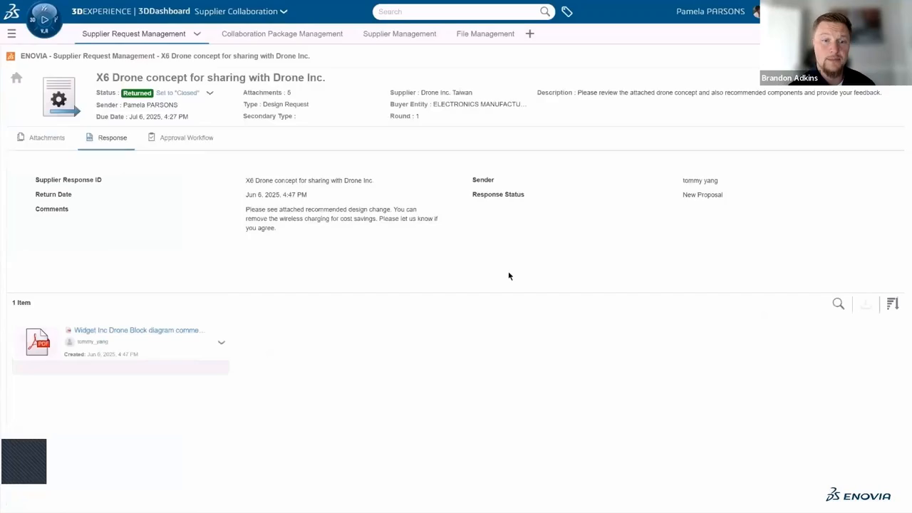 ENOVIA Supplier Request Management record for an X6 Drone concept showing Returned status and supplier response from Drone Inc. Taiwan