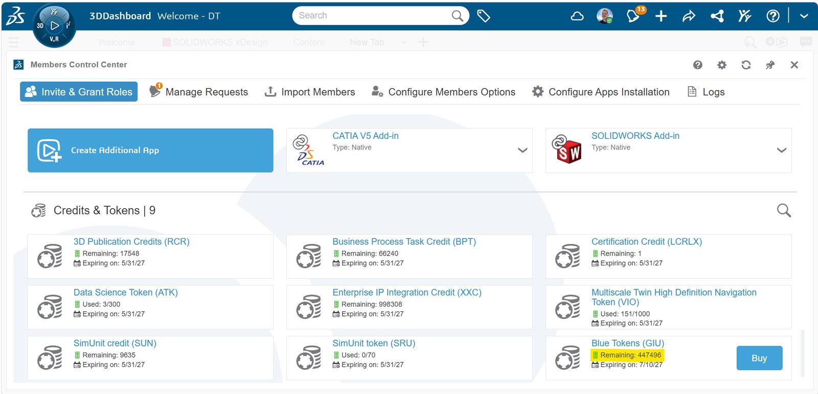 The Members Control Center app in 3DEXPERIENCE showing the Credits & Tokens page with the remaining Blue Tokens balance highlighted