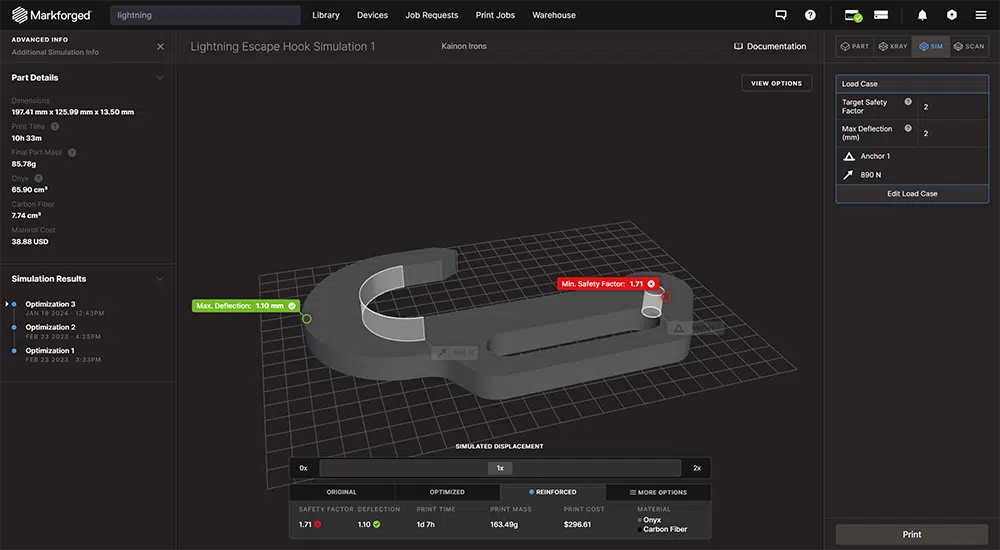 Markforged simulation software being used on an escape hook