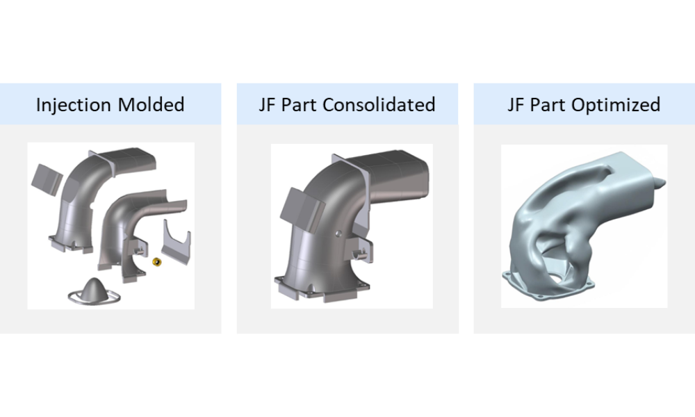 Comparison of injection molded part, consolidated part, and optimized part in 3D printing process