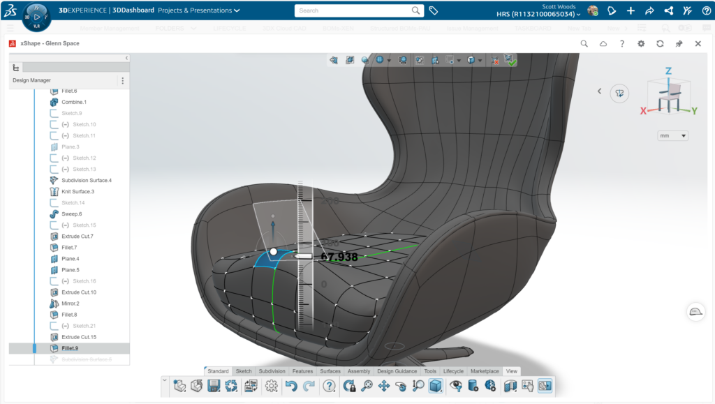 Modeling a curved chair with subdivision modeling in xShape on the 3DEXPERIENCE platform