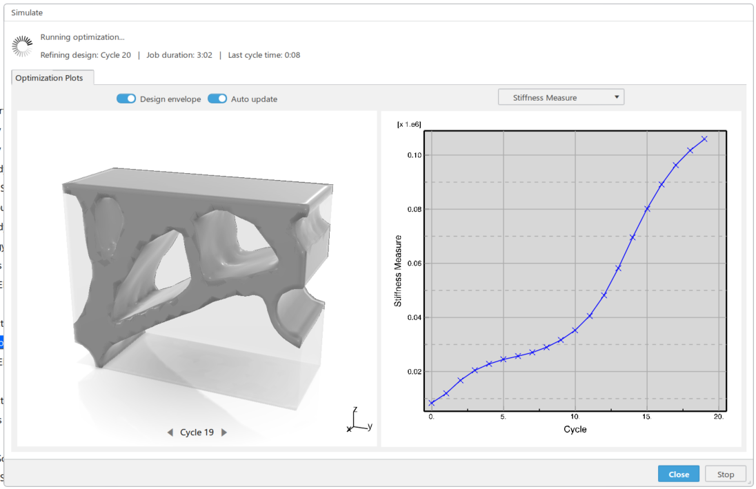 CATIA Topology Optimization iteratively solving for the best stiffness to mass ratio