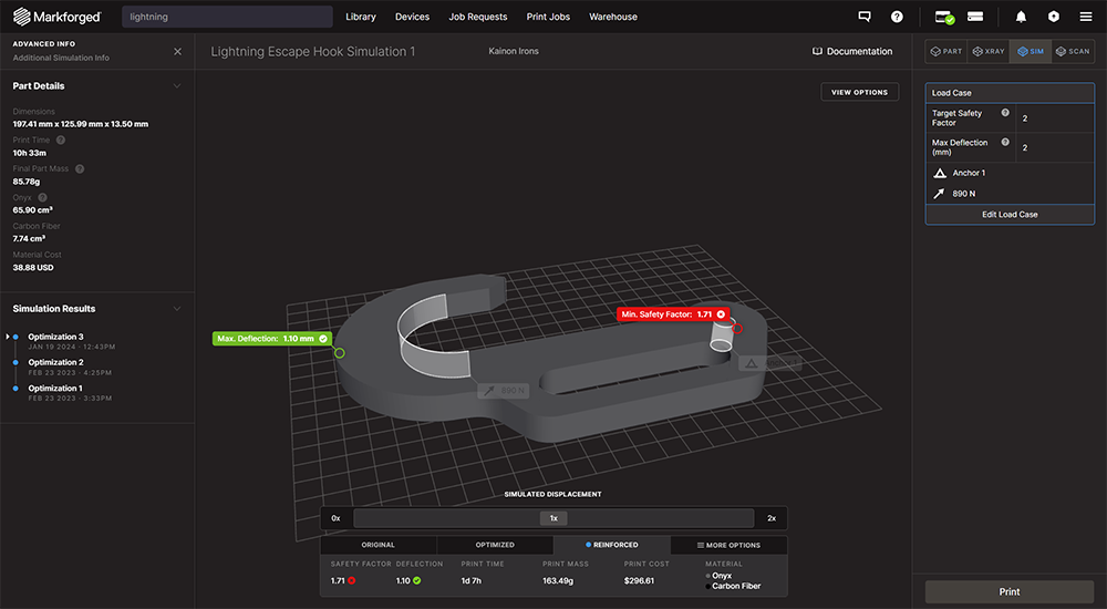 Markforged simulation results on a 3D printed safety hook 