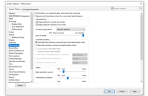 A SOLIDWORKS menu of System Options for Performance