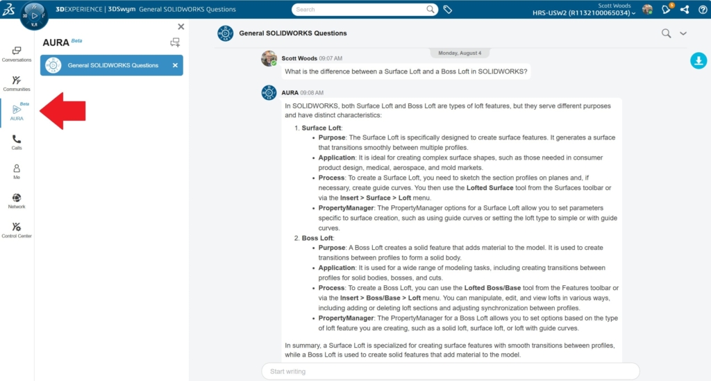 AURA Beta in 3DSwym app on 3DEXPERIENCE platform