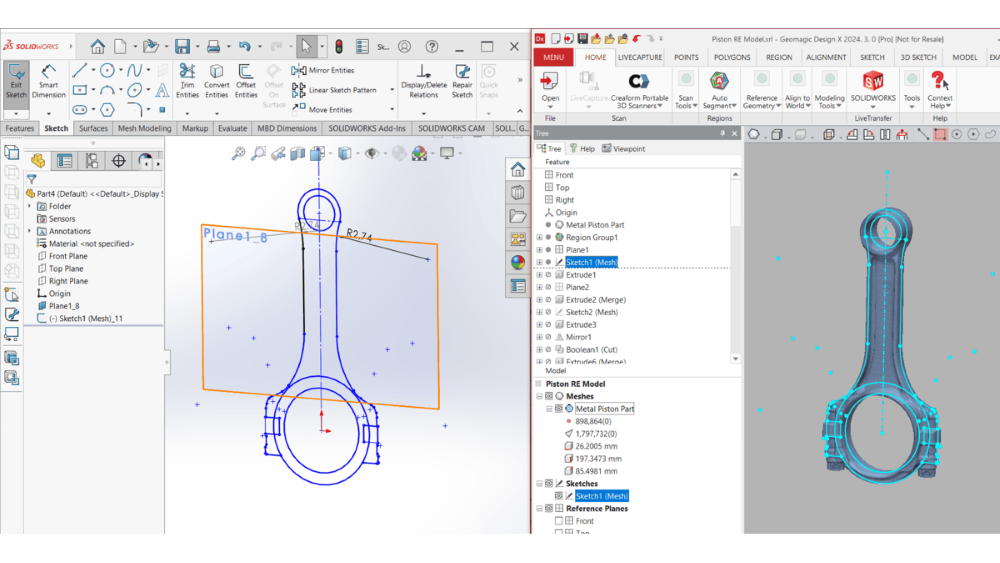 A sketch transferred from Design X into SOLIDWORKS using LiveTransfer.