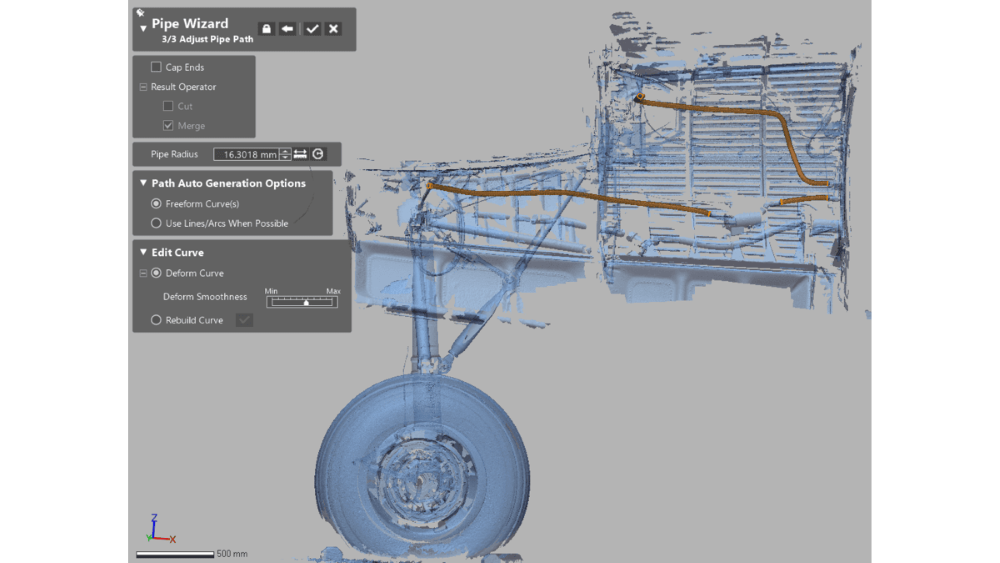 The Pipe Wizard being used to create 3D sweep features using regions setup on the mesh.