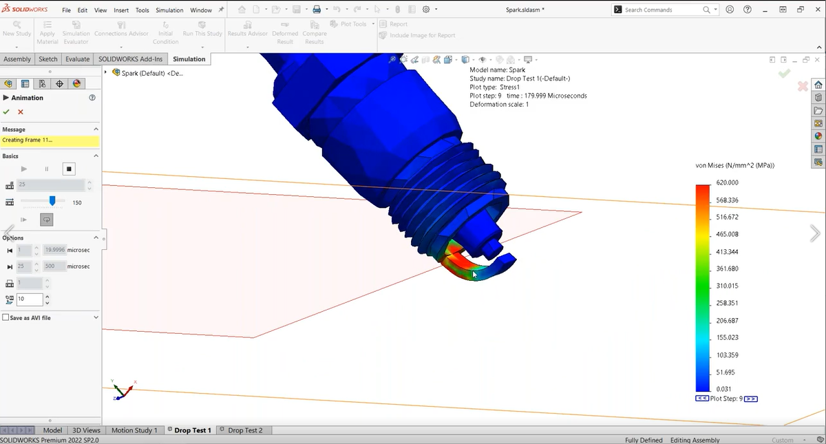 SOLIDWORKS Simulation drop test analysis results showing impact stress contours on a product housing — dynamics and impact simulation project