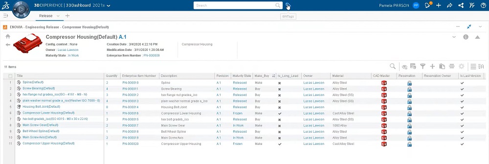 BOM view of an assembly being edited in Product Release Engineer role.