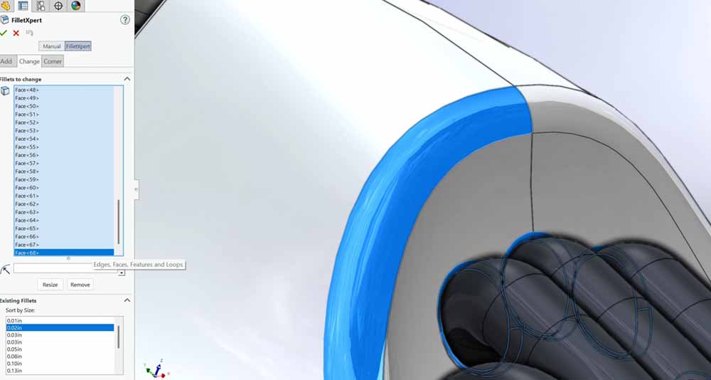 FilletXpert menu in SOLIDWORKS