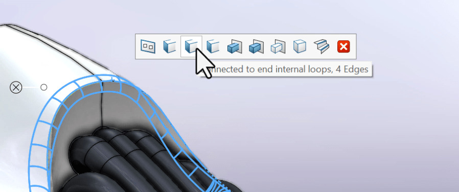 Blue pattern on a large part appears using FilletXpert in SOLIDWORKS