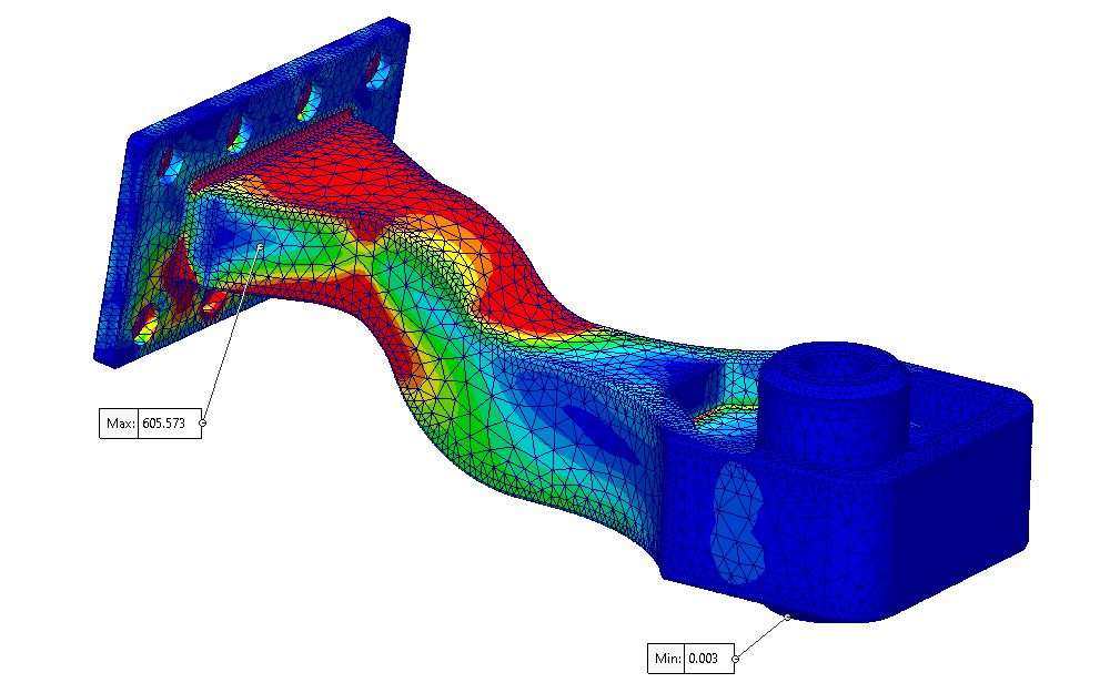 Finite element analysis results shown on a model in SOLIDWORKS Simulation