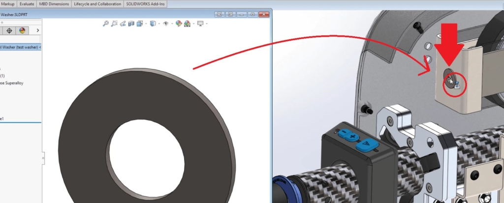 A washer mates to a larger assembly with Mate Assistance in SOLIDWORKS
