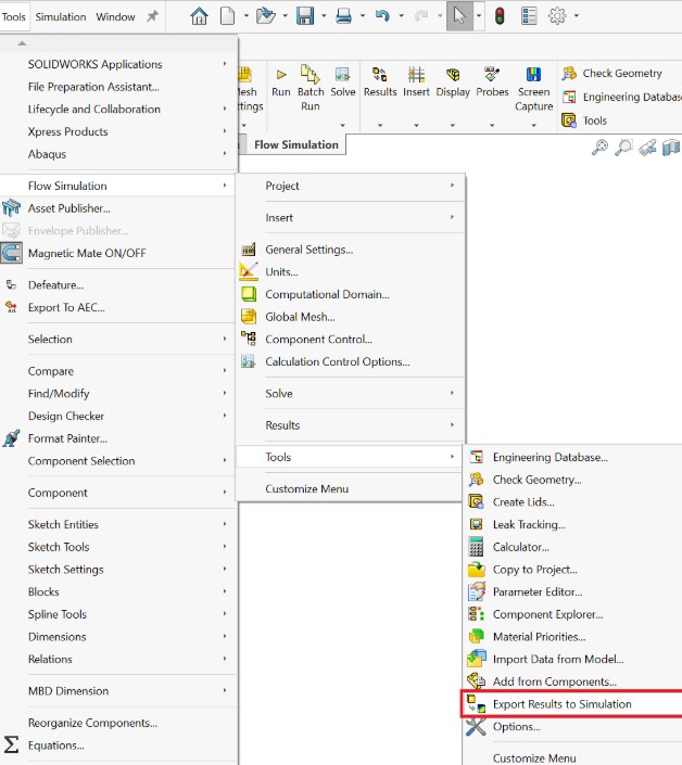 Menu in SOLIDWORKS Flow Simulation to export the results to simulation 