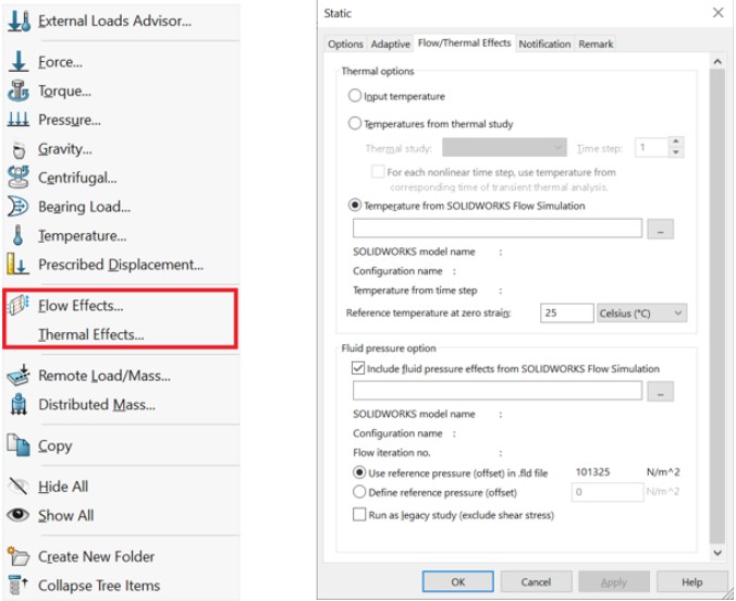Menu in SOLIDWORKS Simulation to bring in Flow and Thermal effects as external loads.