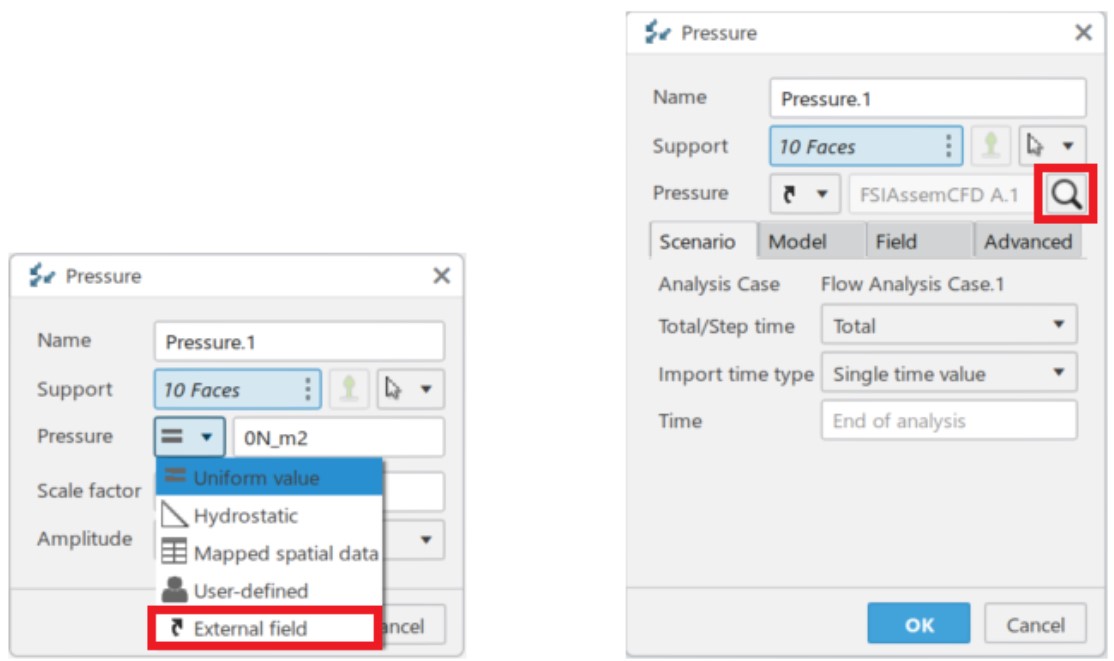 Menu in the Mechanical Scenario Creation app to create a pressure load  