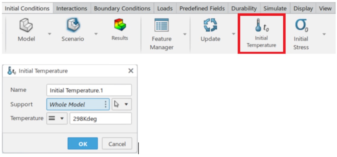 Menu in the Mechanical Scenario Creation app to define an initial temperature 
