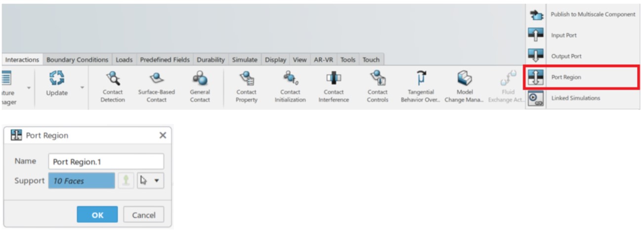 Menu in the Mechanical Scenario Creation app to define the port region 