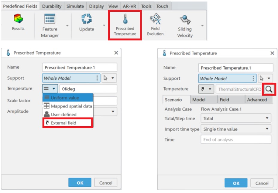 Menu in the Mechanical Scenario Creation app to set a prescribed temperature