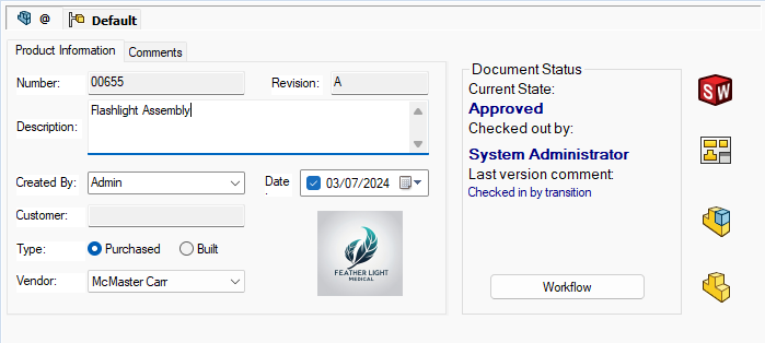 A data card in SOLIDWORKS PDM