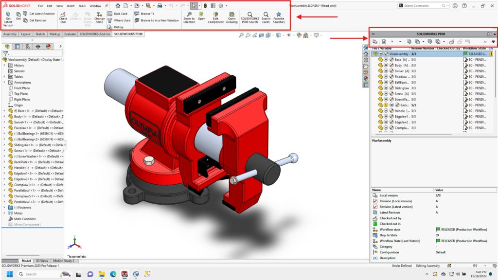 SOLIDWORKS PDM in the SOLIDWORKS CAD user interface