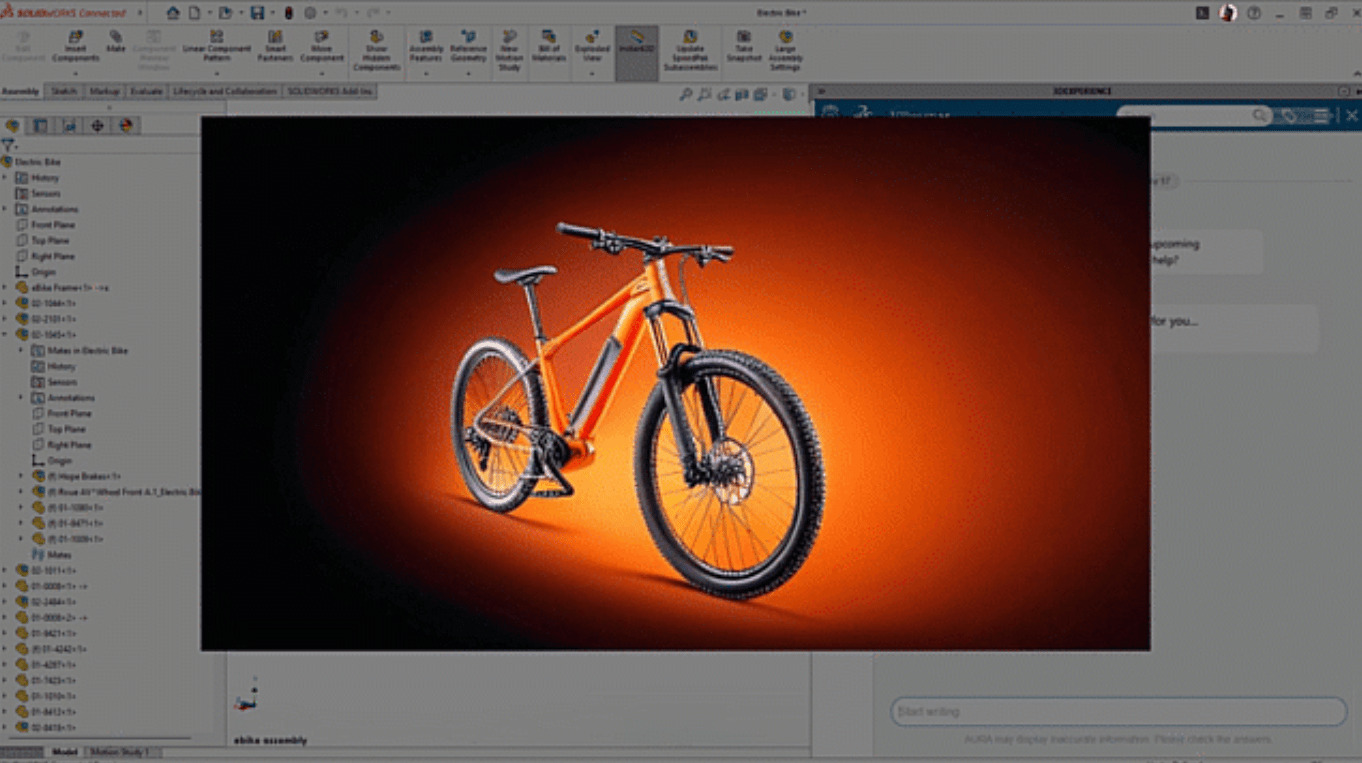 A bike rendering AI-generated in SOLIDWORKS