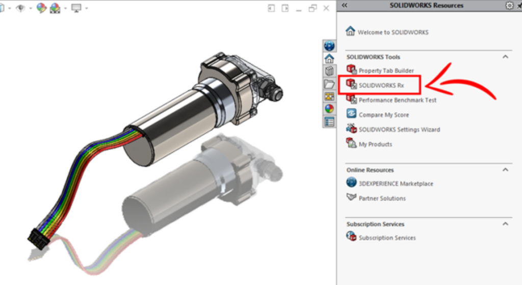 SOLIDWORKS Resources menu with the SOLIDWORKS Rx tool