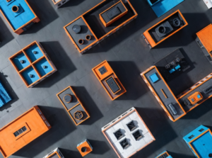 Abstract orange and blue blocks depicting factory floor layout