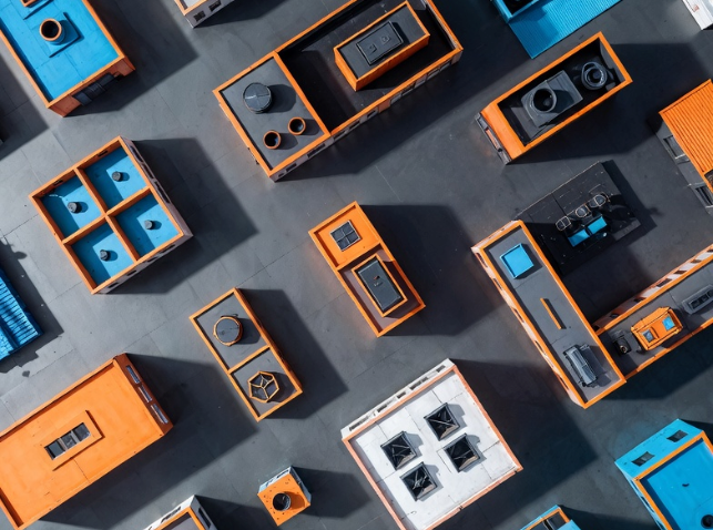 Abstract orange and blue blocks depicting factory floor layout