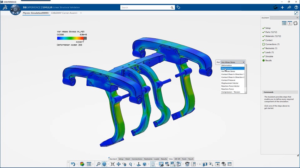 Stress plot in a linear static FEA analysis of an assembly in Structural Designer role.