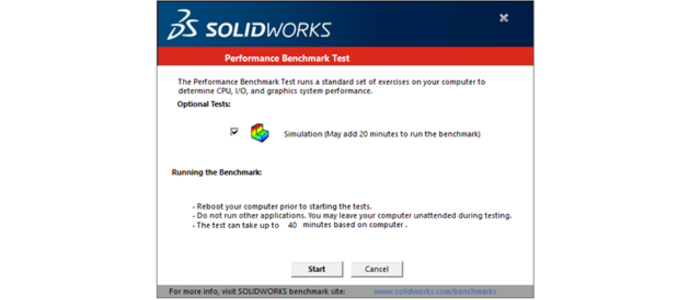 Start screen for the SOLIDWORKS Performance Benchmark Test