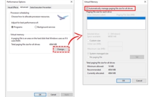 The Performance Options menu in SOLIDWORKS showing “automatically manage paging file size for all drives”