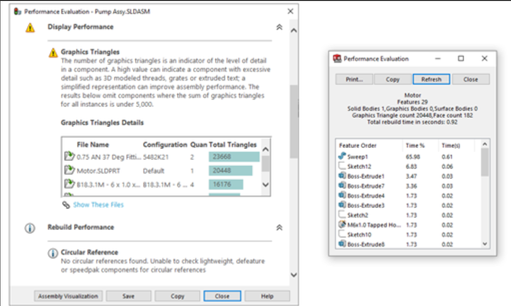 The SOLIDWORKS Performance Evaluation tool for Assemblies and Parts.