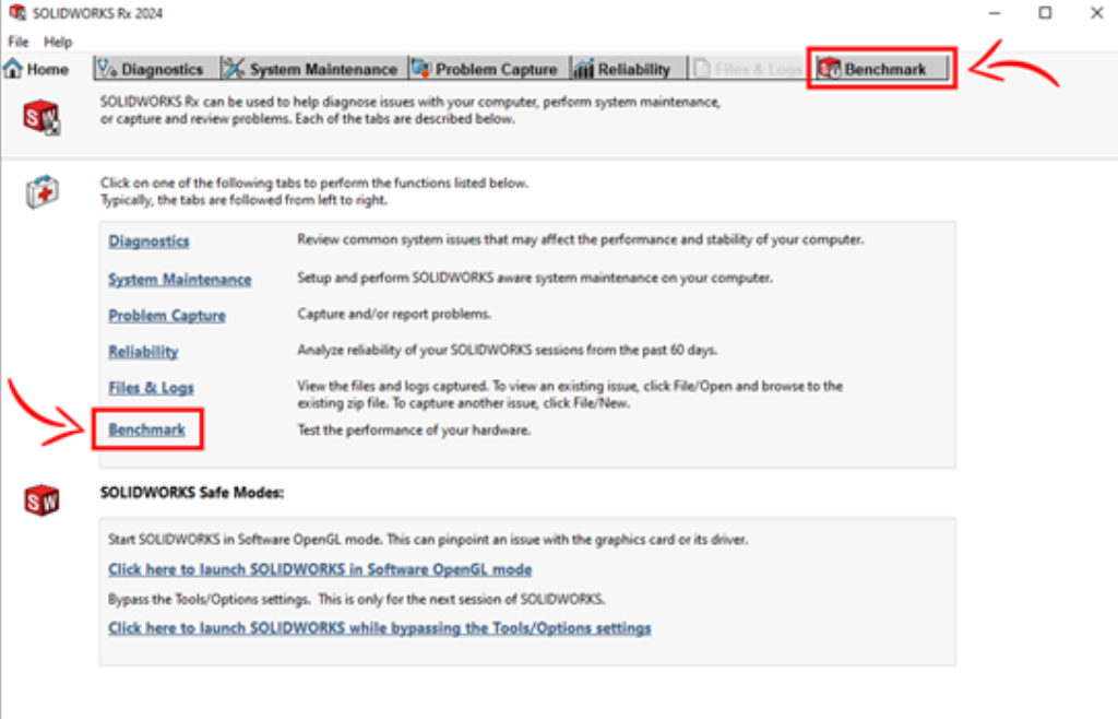 The menu for SOLIDWORKS Rx benchmark diagnostic tool