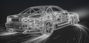 Glowing white wireframe of a sports car with a visible roll cage, drifting with light trails on a dark background
