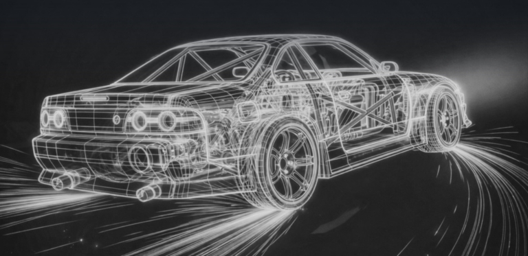 Glowing white wireframe of a sports car with a visible roll cage, drifting with light trails on a dark background