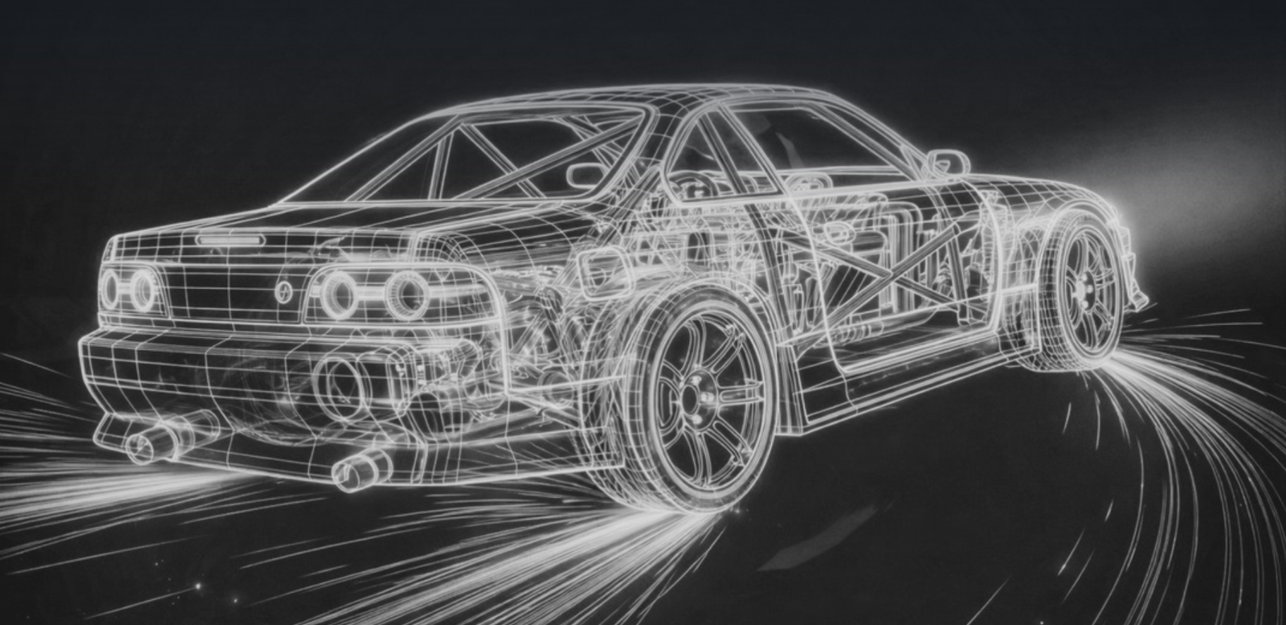 Glowing white wireframe of a sports car with a visible roll cage, drifting with light trails on a dark background