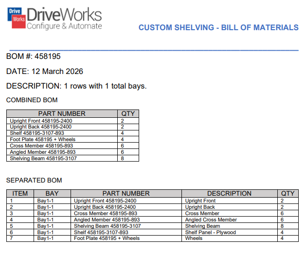 Bill of materials for custom shelving in DriveWorks Pro