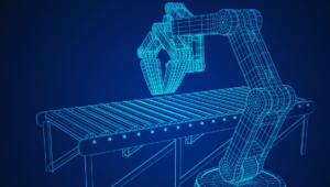 Abstract line drawing robotic arm and conveyor belt