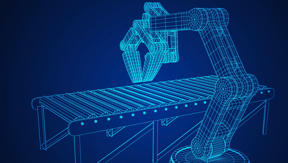 Abstract line drawing robotic arm and conveyor belt