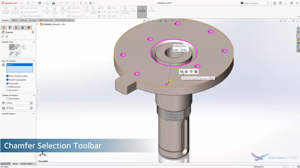 New chamfer selection toolbar in SOLIDWORKS 2025